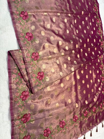 Magenta tissue cutwork embroidery premium designer Banarasi saree