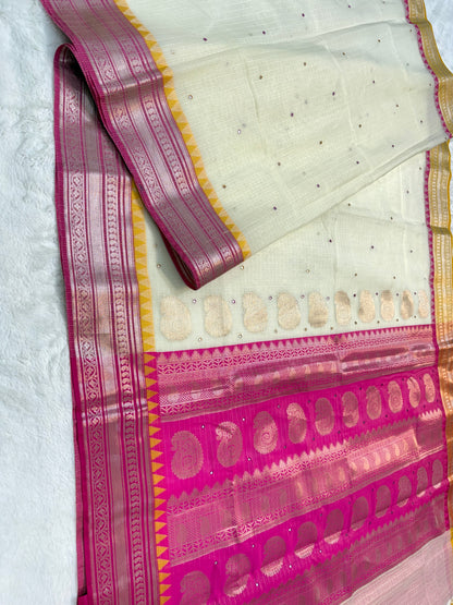 Off white mustard pink shade kota mirror work premium Banarasi saree