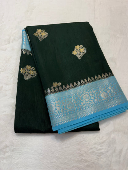 Mehendi & sea green  shade raw mango premium Banarasi saree