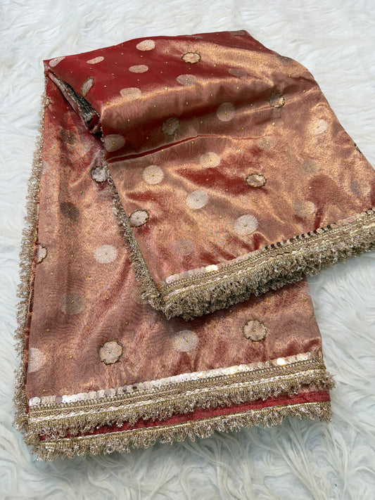 Rani shade tissue ari & zardosi work designer premium Banarasi saree
