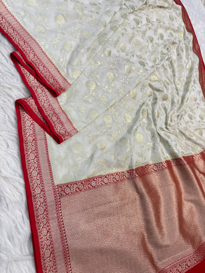 Off white red shade khaddi georgatte premium Banarasi saree