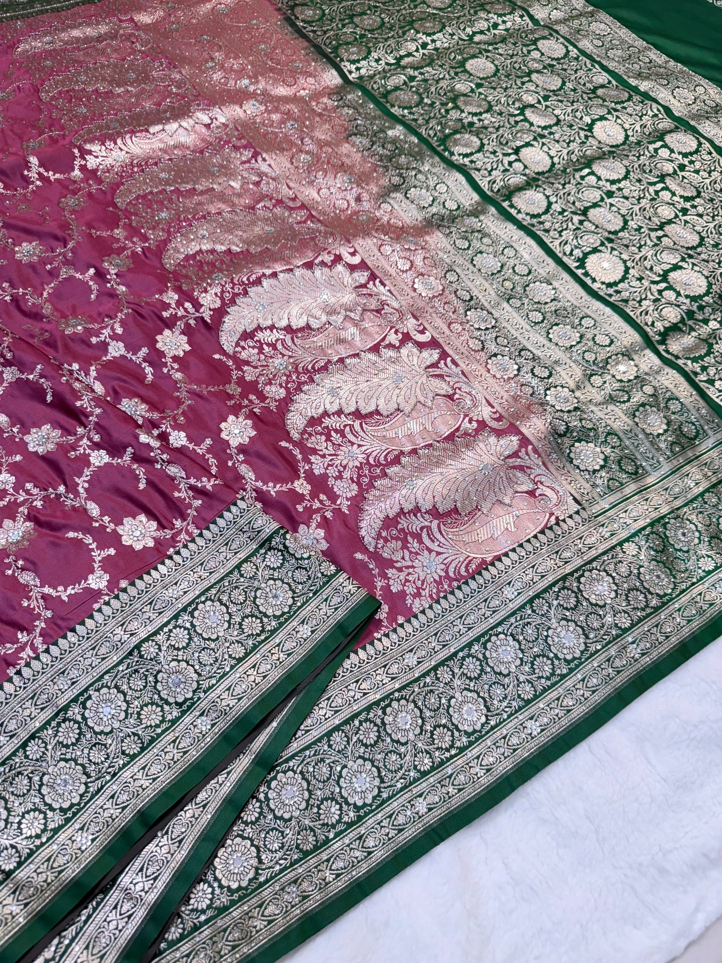 Royal pink & bottle green shade Bridal Satan katan ari & stone work Banarasi silk Saree