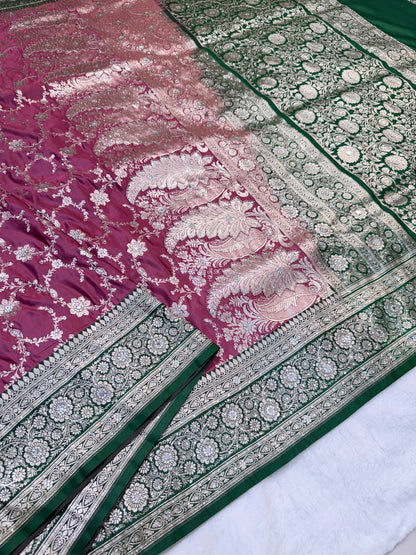 Royal pink & bottle green shade Bridal Satan katan ari & stone work Banarasi silk Saree