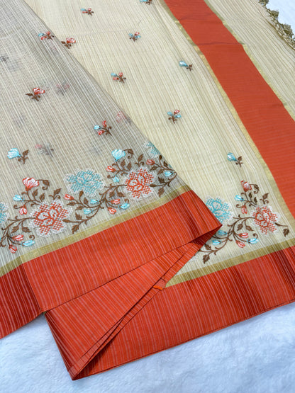 Beige orange shade kota embroidery Banarasi saree