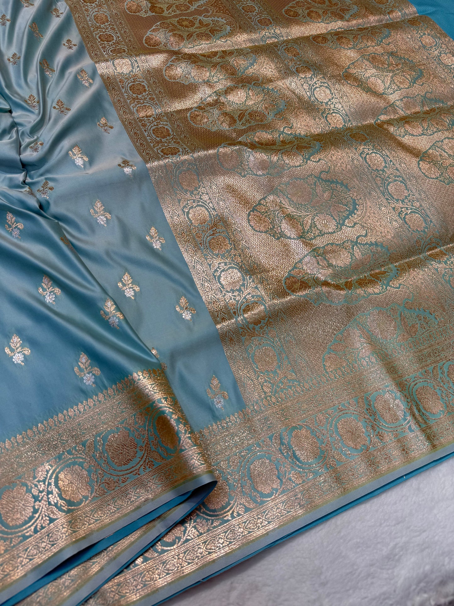 Powder blue shade satan katan premium Banarasi silk Saree