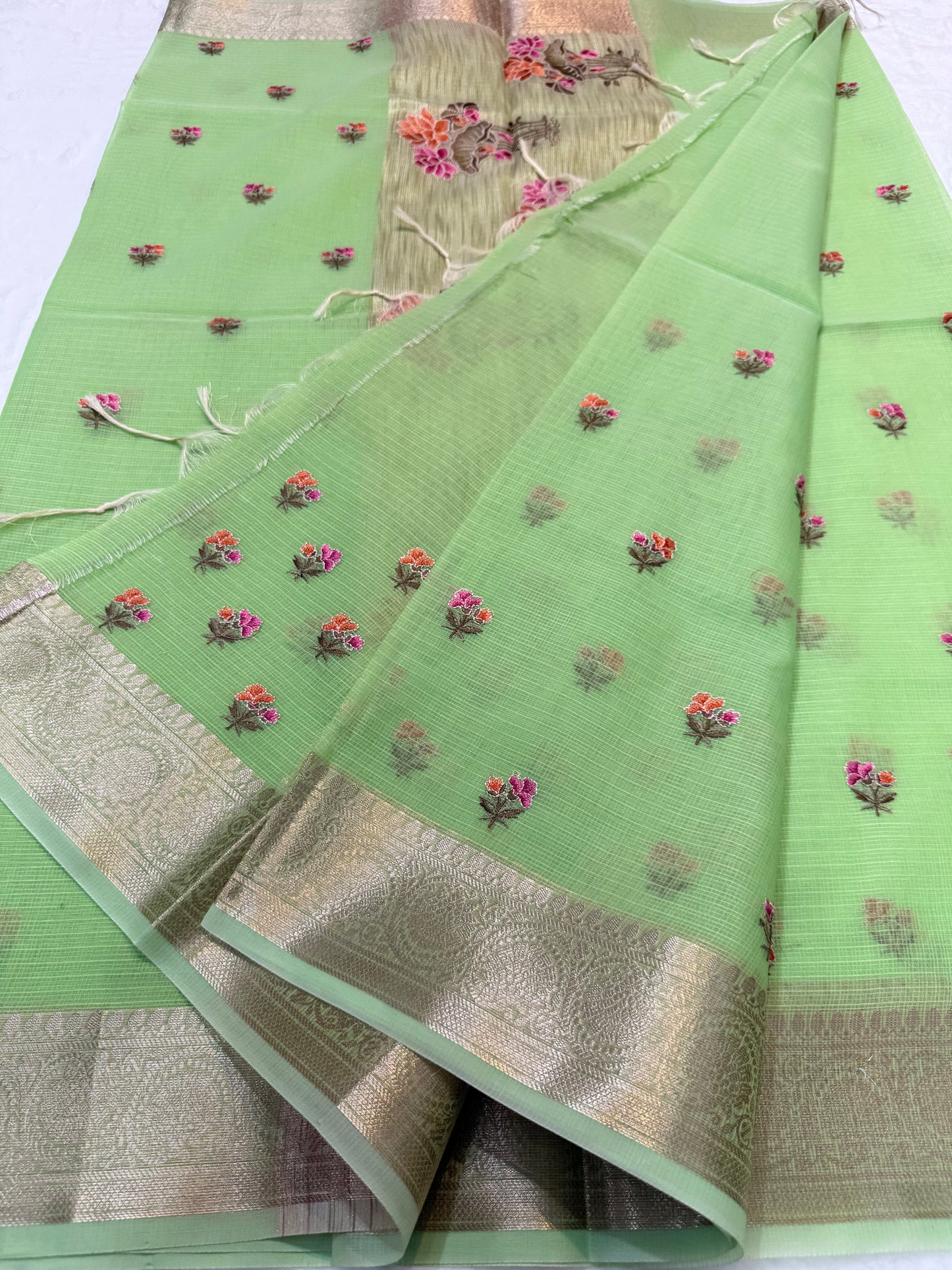 Pista green shade cotton kota embroidery Banarasi saree