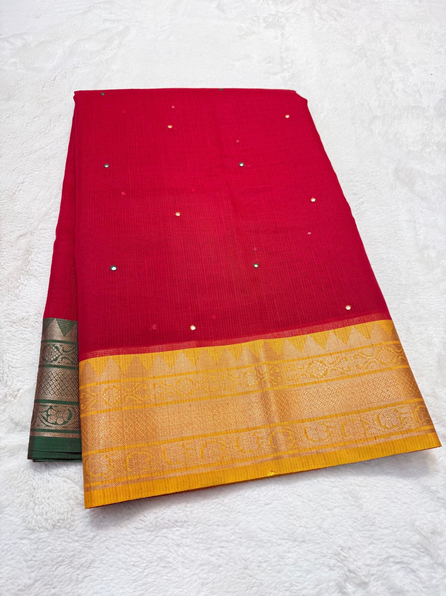 Red & mustard green shade kota mirror work premium Banarasi saree