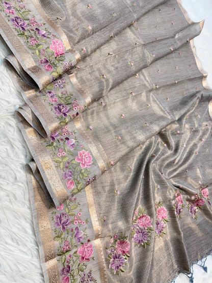 Greay shade tissue linen designer embroidery premium Banarasi saree
