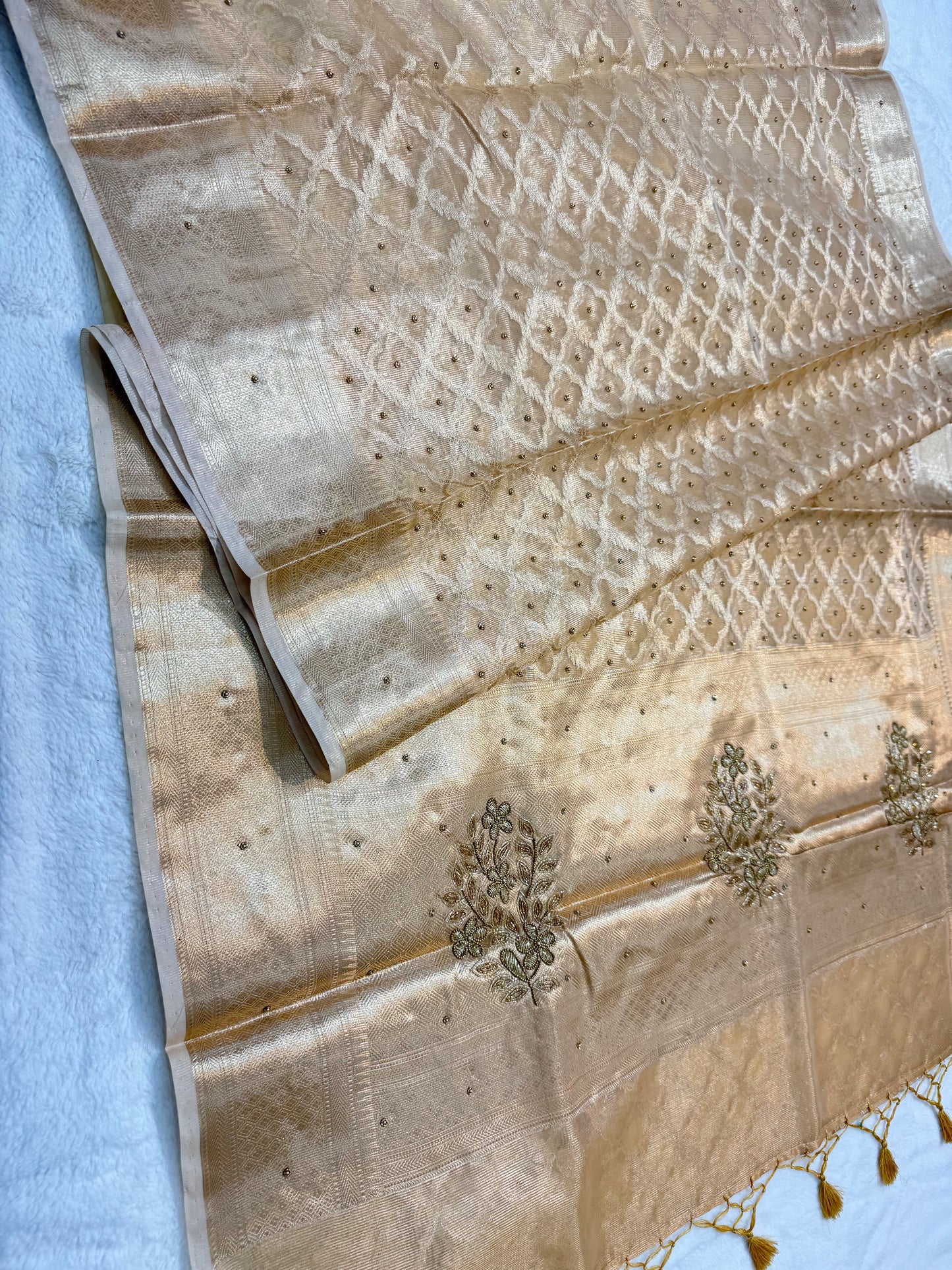 Gold shade tissue kota designer handwork premium Banarasi saree