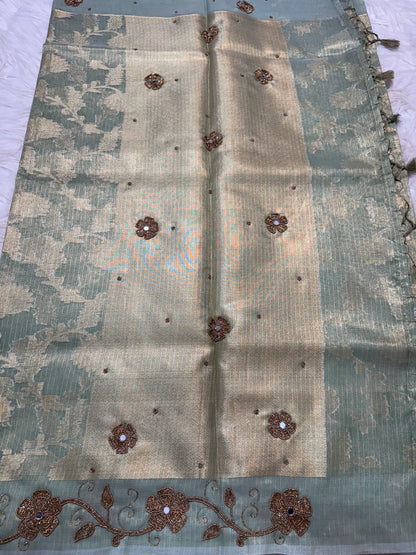 Sea green shade tissue kota designer handwork premium Banarasi saree