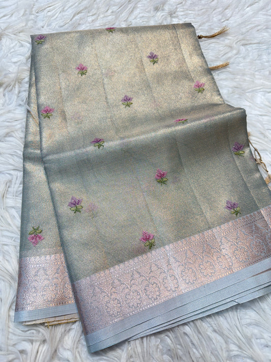 Sea green  shade tissue kota embroidery primum Banarasi saree