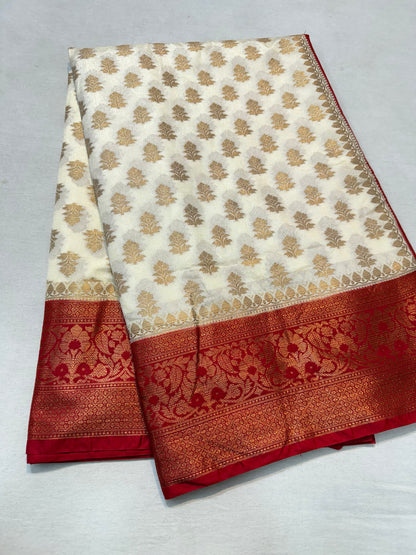 Off white & red shade  Dupion Silk premium Banarasi Saree