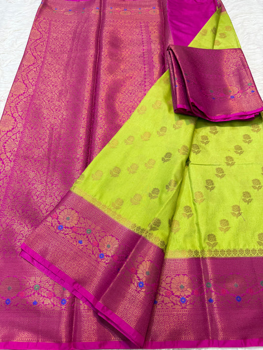 Pista green royal pink shade  Dupion Silk premium Banarasi Saree
