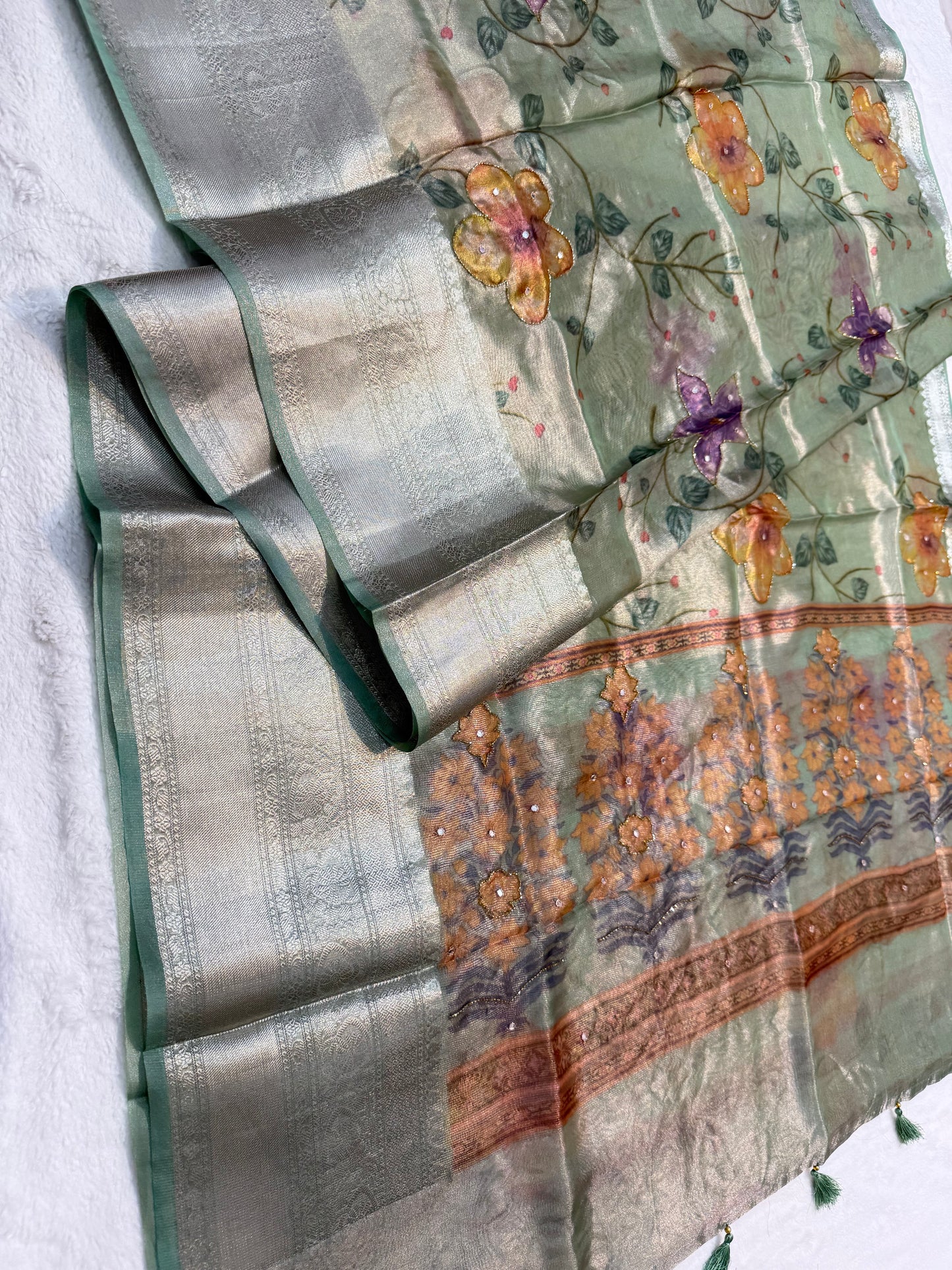 multicolour tissue silk digital print handwork premium Banarasi saree
