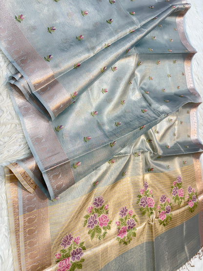 Sea green shade tissue kota embroidery primum Banarasi saree