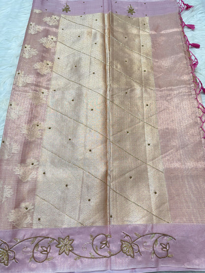 Pink shade tissue kota handwork premium Banarasi saree