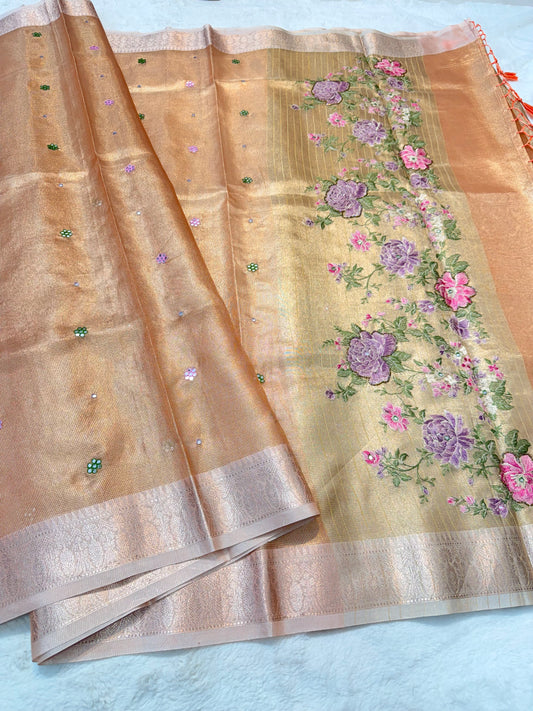 Peach shade kota tissue kota designer embroidery handwork premium Banarasi saree