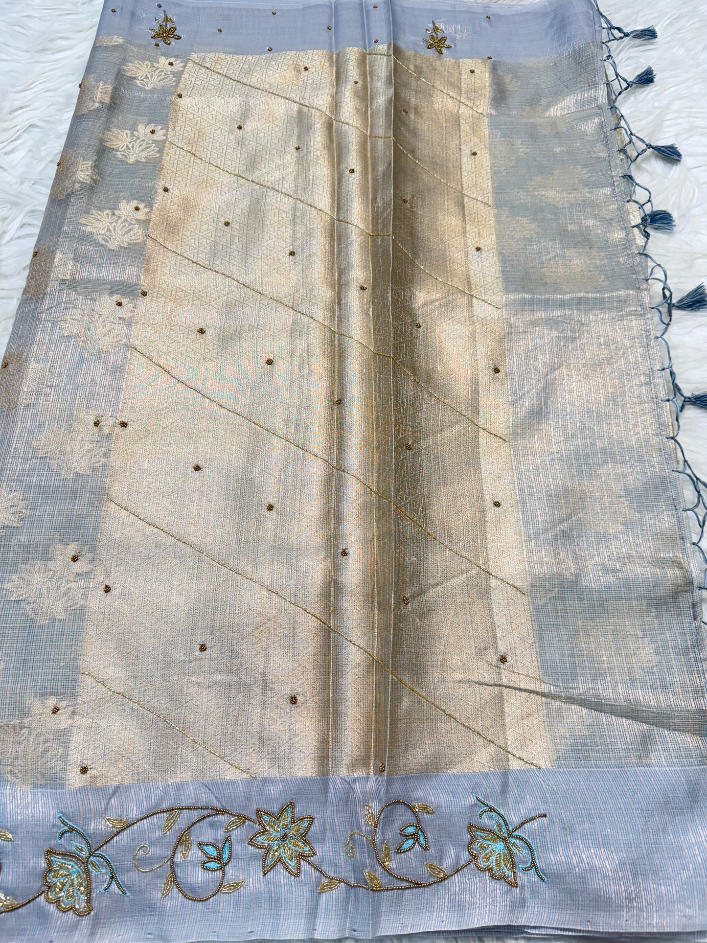 Silver shade tissue kota handwork premium Banarasi saree