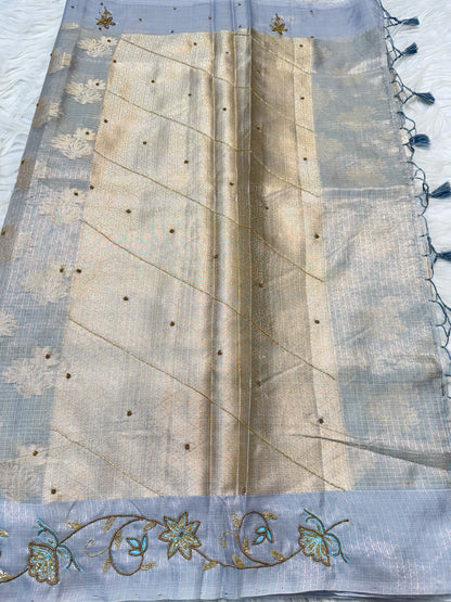 Silver shade tissue kota handwork premium Banarasi saree