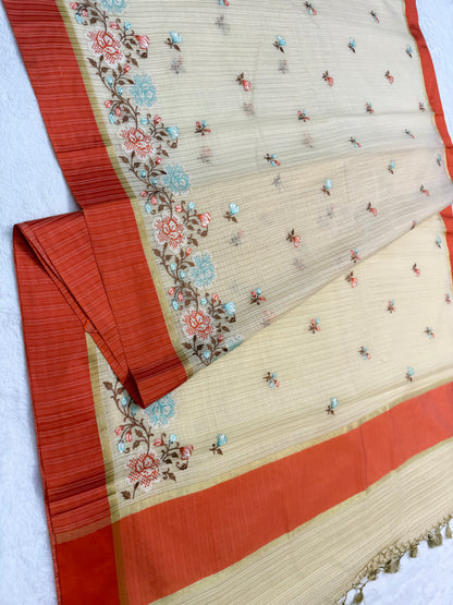 Beige orange shade kota embroidery Banarasi saree