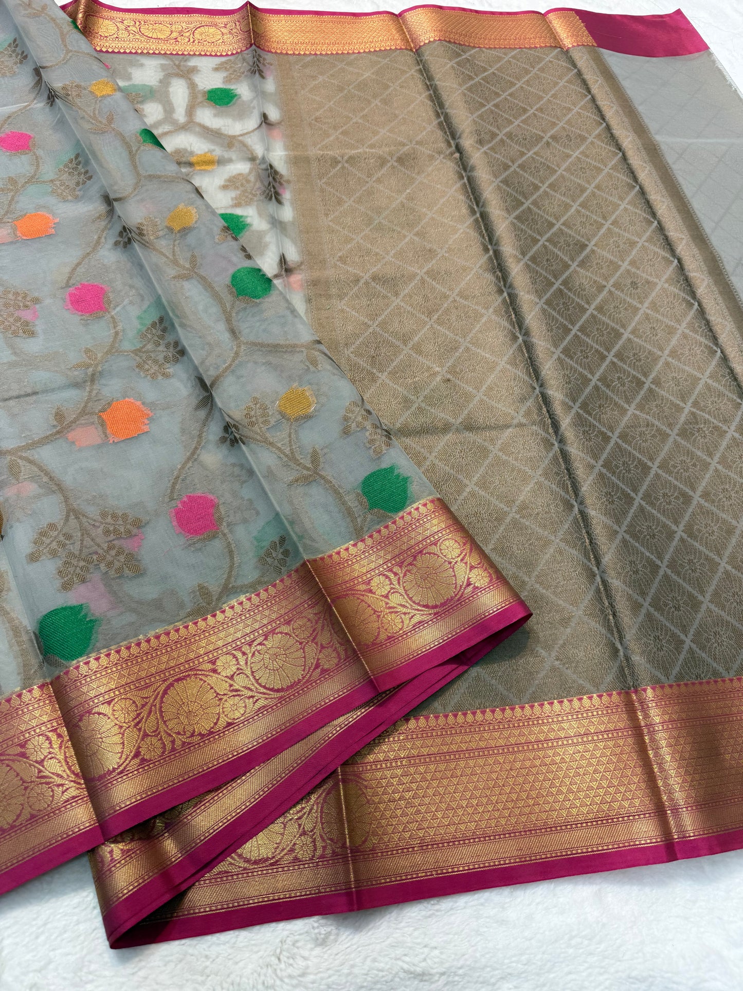 Multicolour shade kora organza Banarasi saree