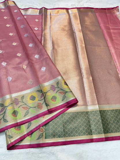Royal pink & multicolour shade tissue kota premium paithani border designer banarasi saree
