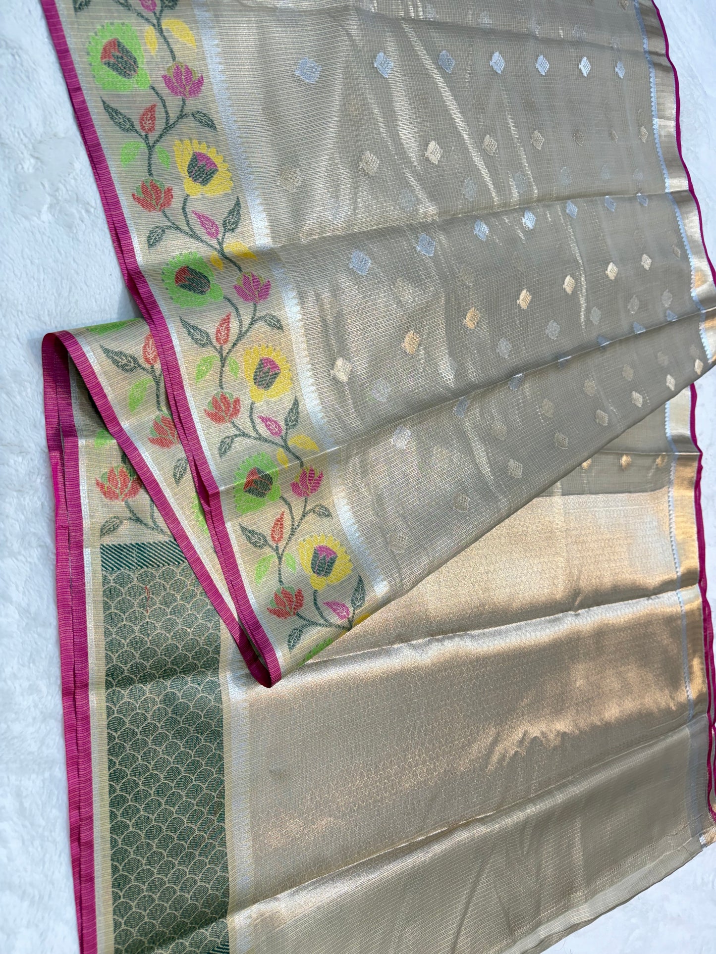 Gray & multicolour shade tissue kota premium paithani border designer banarasi saree