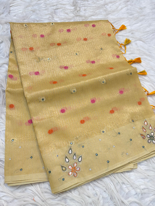 Gold shade tissue kota designer handwork premium Banarasi saree