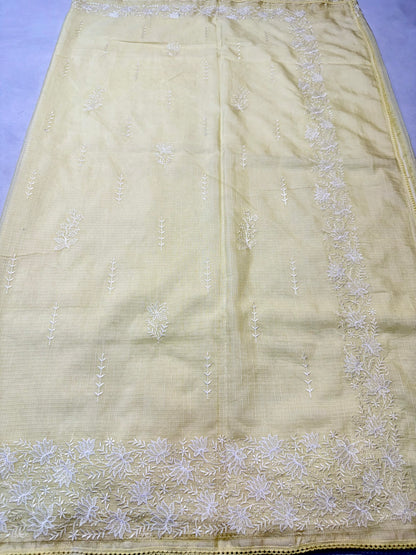 Safety yellow shade cotton kota chickenkari embroidery Banarasi saree