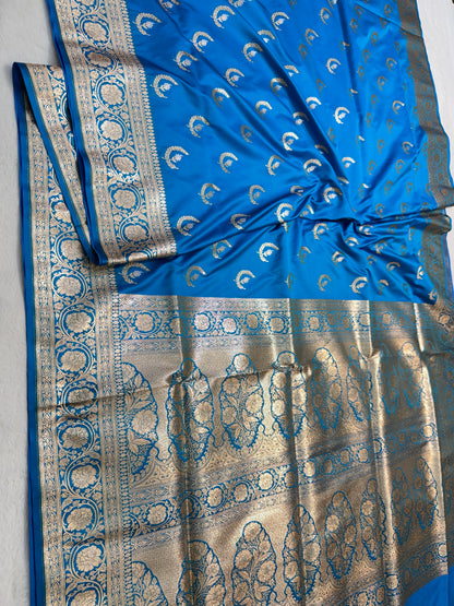 German blue shade satan katan premium Banarasi silk Saree
