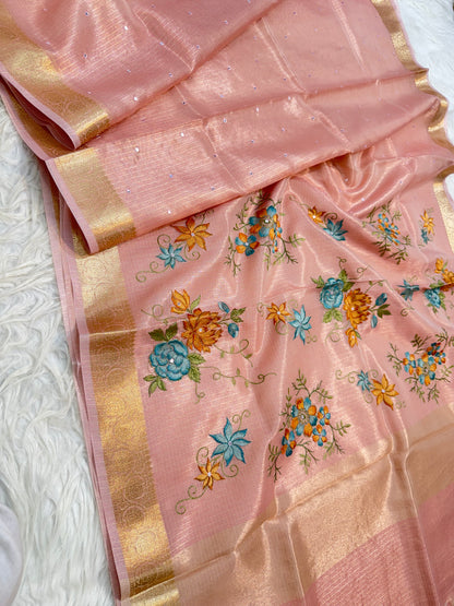 Pink shade tissue kota embroidery mirror work premium Banarasi saree