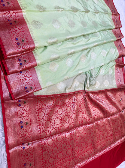 Pista green  red shade Dupion Silk premium Banarasi Saree