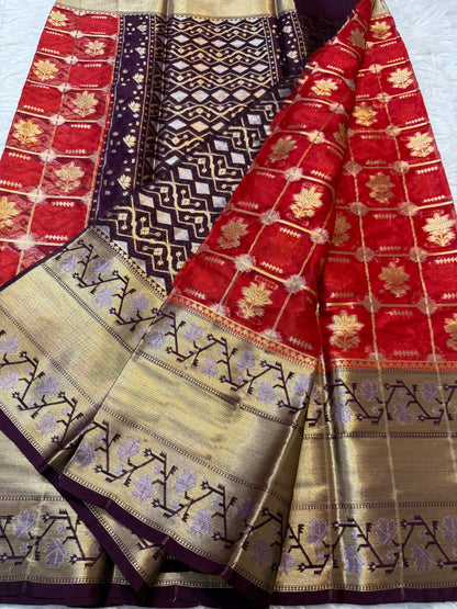 Red wine shade kora silk premium Banarasi saree