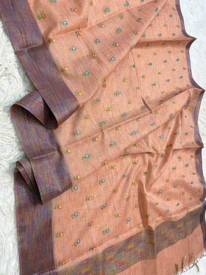 Dusty pink shade linen  embroidery Banarasi saree