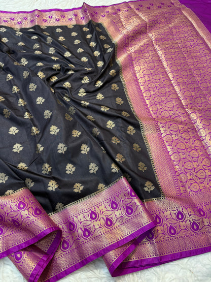 Black magenta shade Dupion Silk premium Banarasi Saree