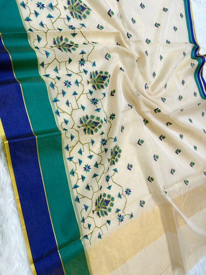 Off white navy sea green shade tissue kota embroidery Banarasi saree
