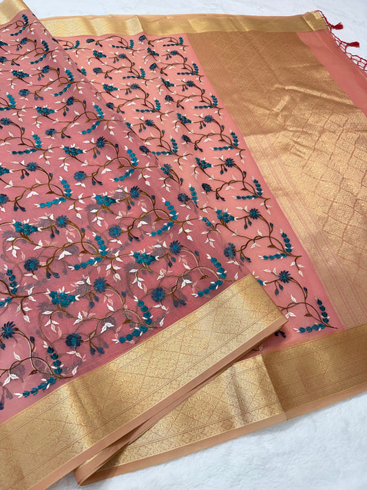 Peach shade organza designer premium embroidery Banarasi saree