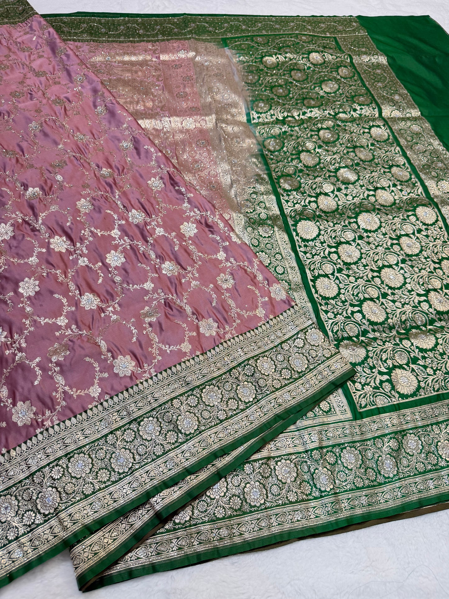 Rose gold shade Bridal Satan katan ari & stone work Banarasi silk Saree