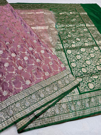 Rose gold shade Bridal Satan katan ari & stone work Banarasi silk Saree