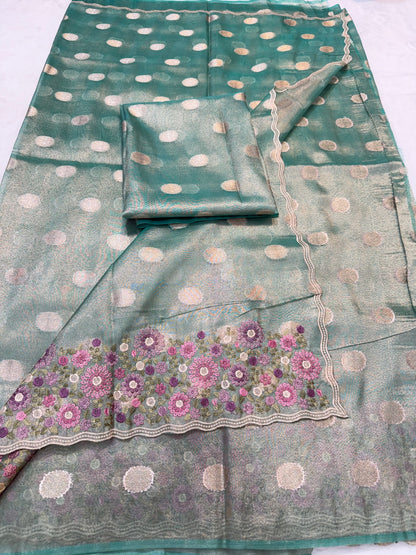 Sea green shade tissue cutwork embroidery premium designer Banarasi saree