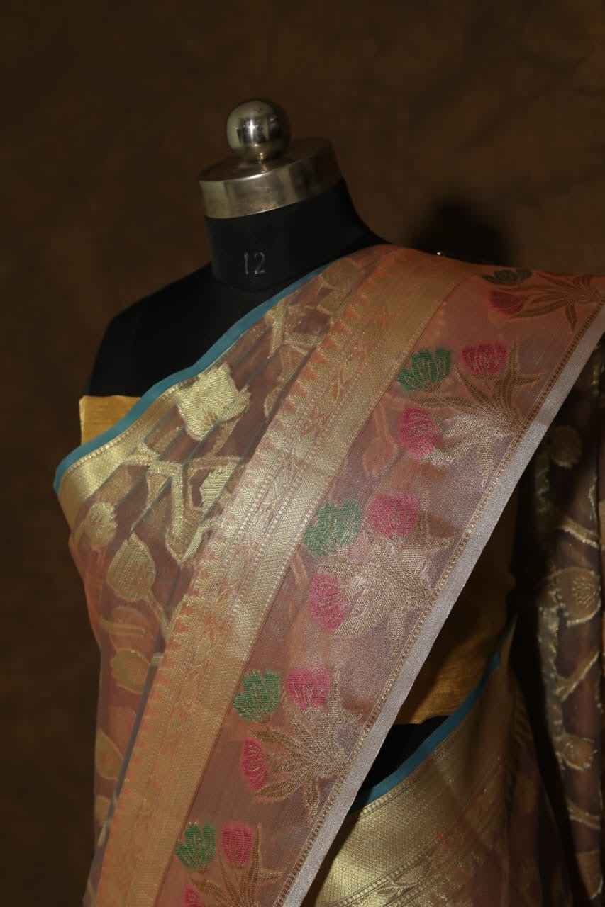 Bronze shade kora organza Banarasi saree