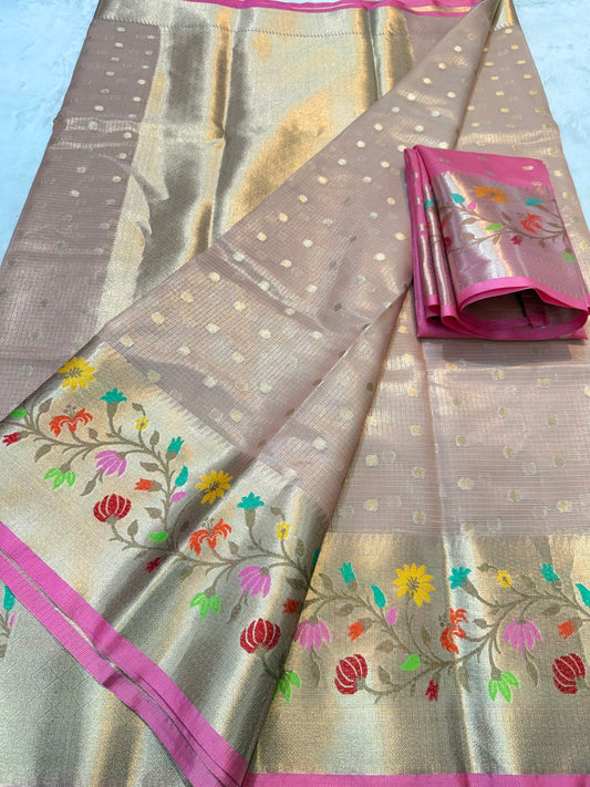 Peach & multicolour shade tissue kota premium paithani border designer banarasi saree