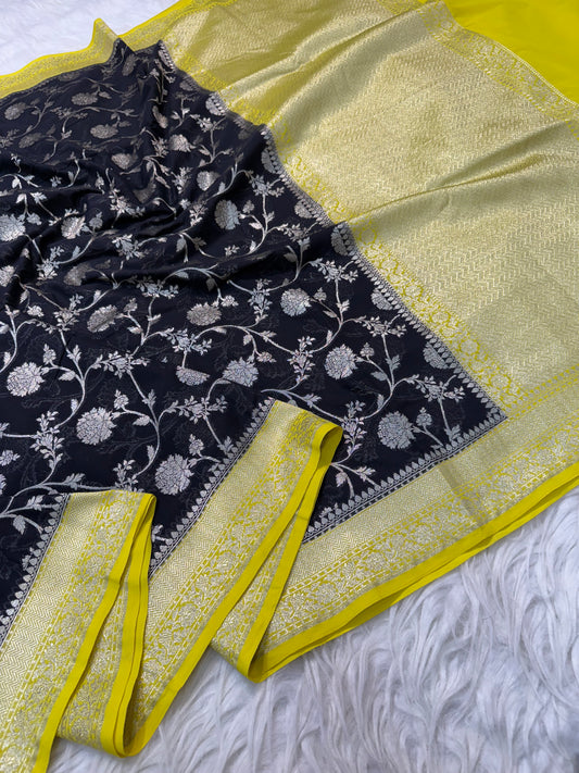 Black yellow shade khaddi georgatte premium Banarasi saree