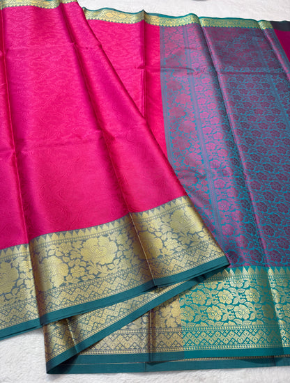Royal pink sea green shade kora silk premium Banarasi saree