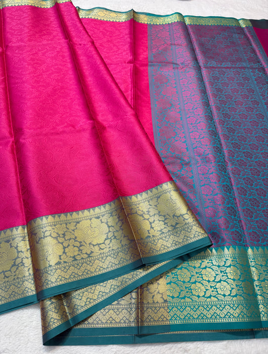 Royal pink sea green shade kora silk premium Banarasi saree
