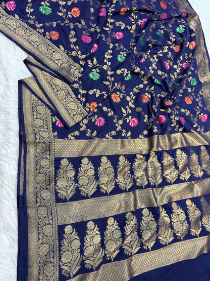 blue magenta shade khaddi georgatte premium Banarasi saree