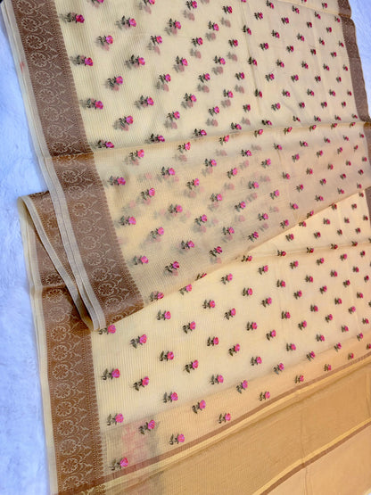 Yellow shade cotton kota embroidery Banarasi saree