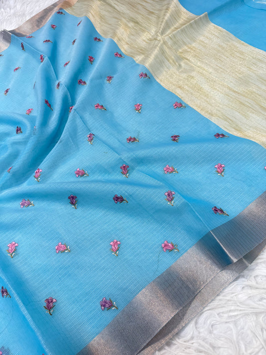 Sky blue shade cotton kota embroidery Banarasi saree
