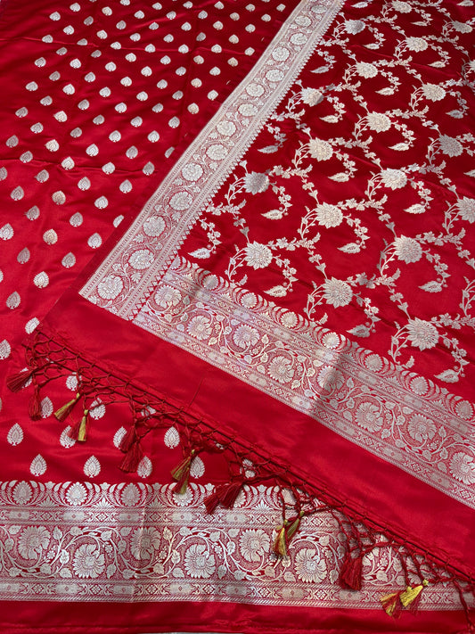 Red Satin Katan Three Piece Banarasi Suit