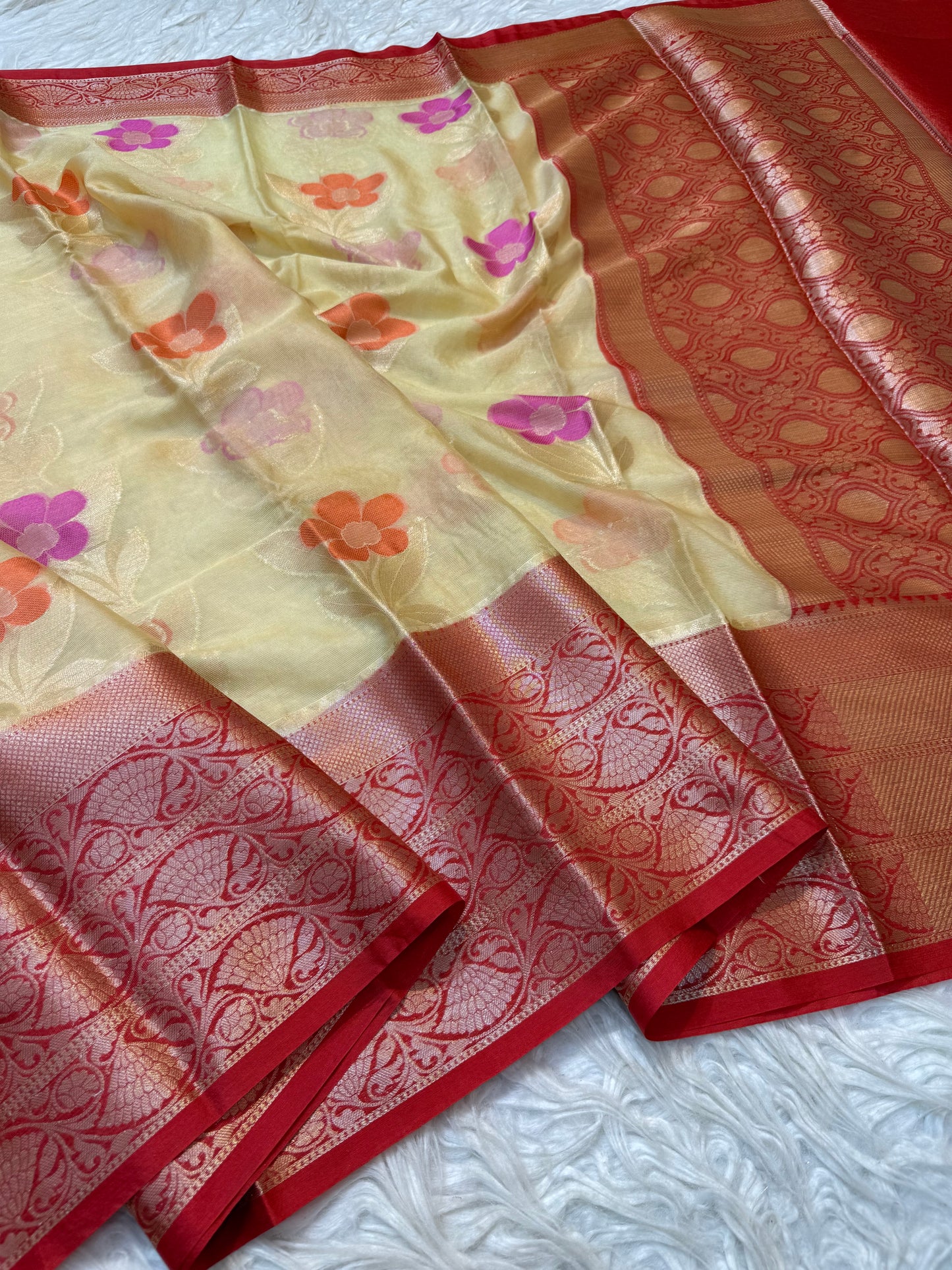 Beige red warm silk premium Banarasi saree